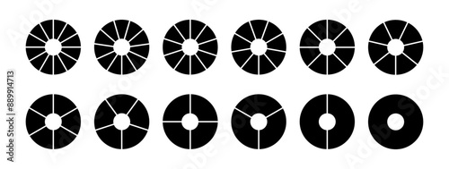 Circle division infographic icon set. Pie chart divided 8,9,10 equal parts. Pizza or donut round diagram. Infographic circular wheel fraction. Vector illustration isolated on white background.