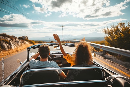 Happy couple driving a convertible car enjoying vacation having fun on the road, Generative AI photo