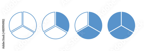 Circle division infographic loading icon. Pie chart divided 3 equal parts. Pizza or donut round diagram. Infographic circular wheel fraction. Vector illustration isolated on white background.