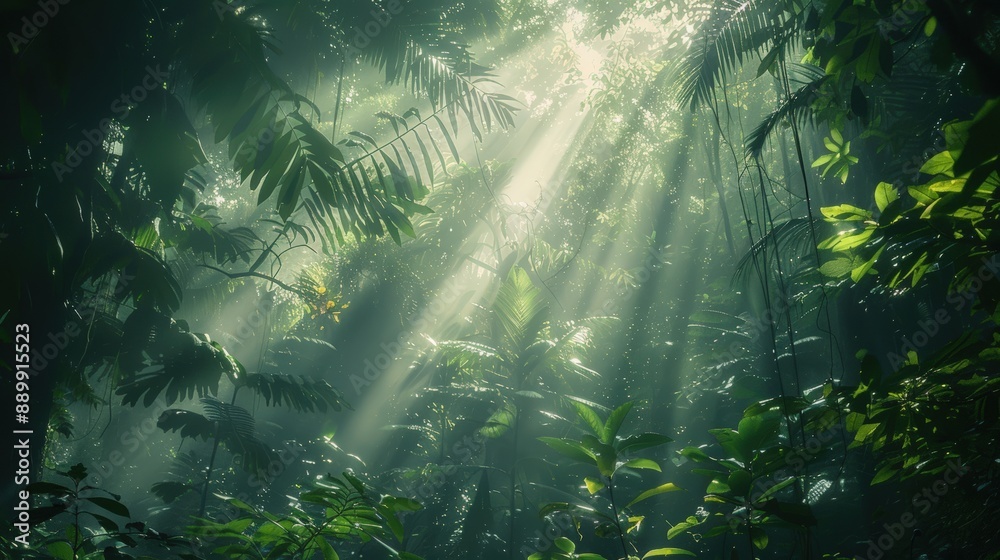 Fototapeta premium A lush green jungle with sunlight shining through the trees