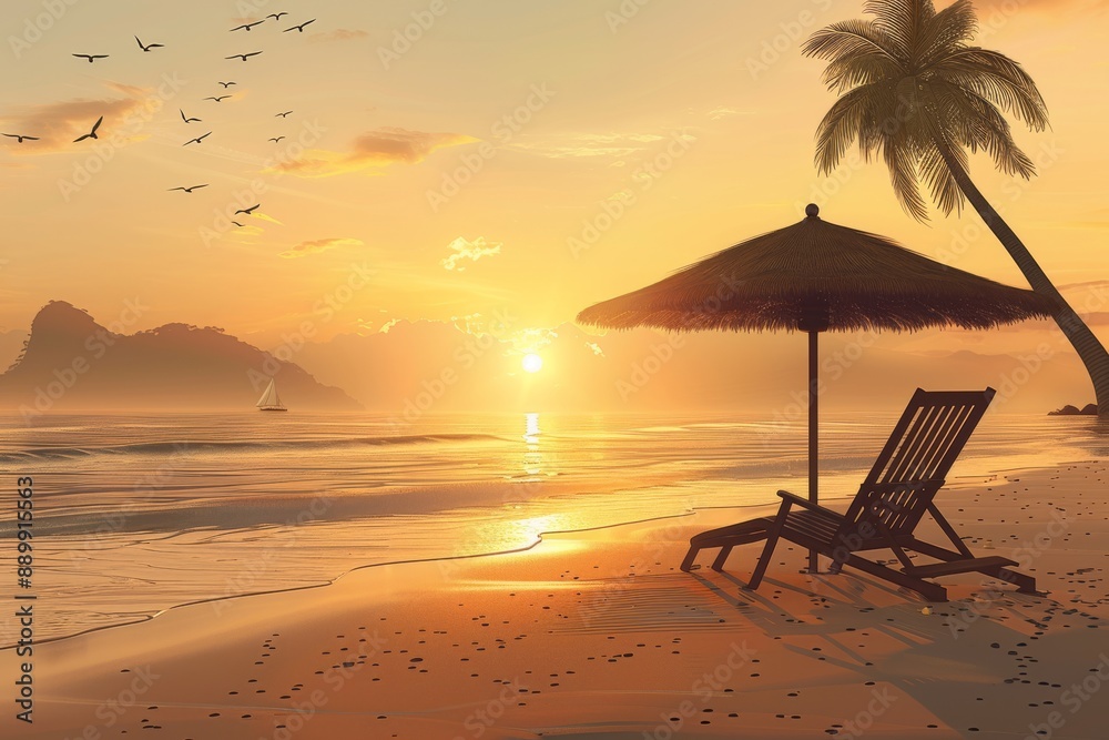 Serene sunset on a tropical beach with palm trees and chairs in a calm warm illustration Serene sunset on a tropical beach with palm trees and chairs in a calm warm illustration