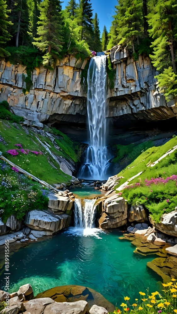 Naklejka premium A majestic waterfall cascading down a rocky cliff into a crystal clear pool, surrounded by lush greenery and colorful wildflowers wallpaper
