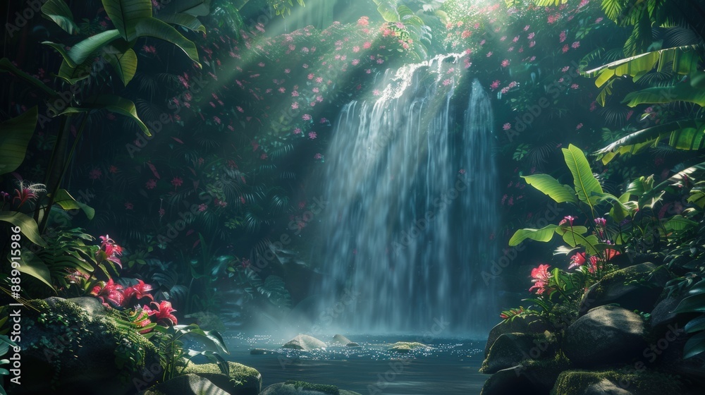A waterfall surrounded by lush green foliage and flowers