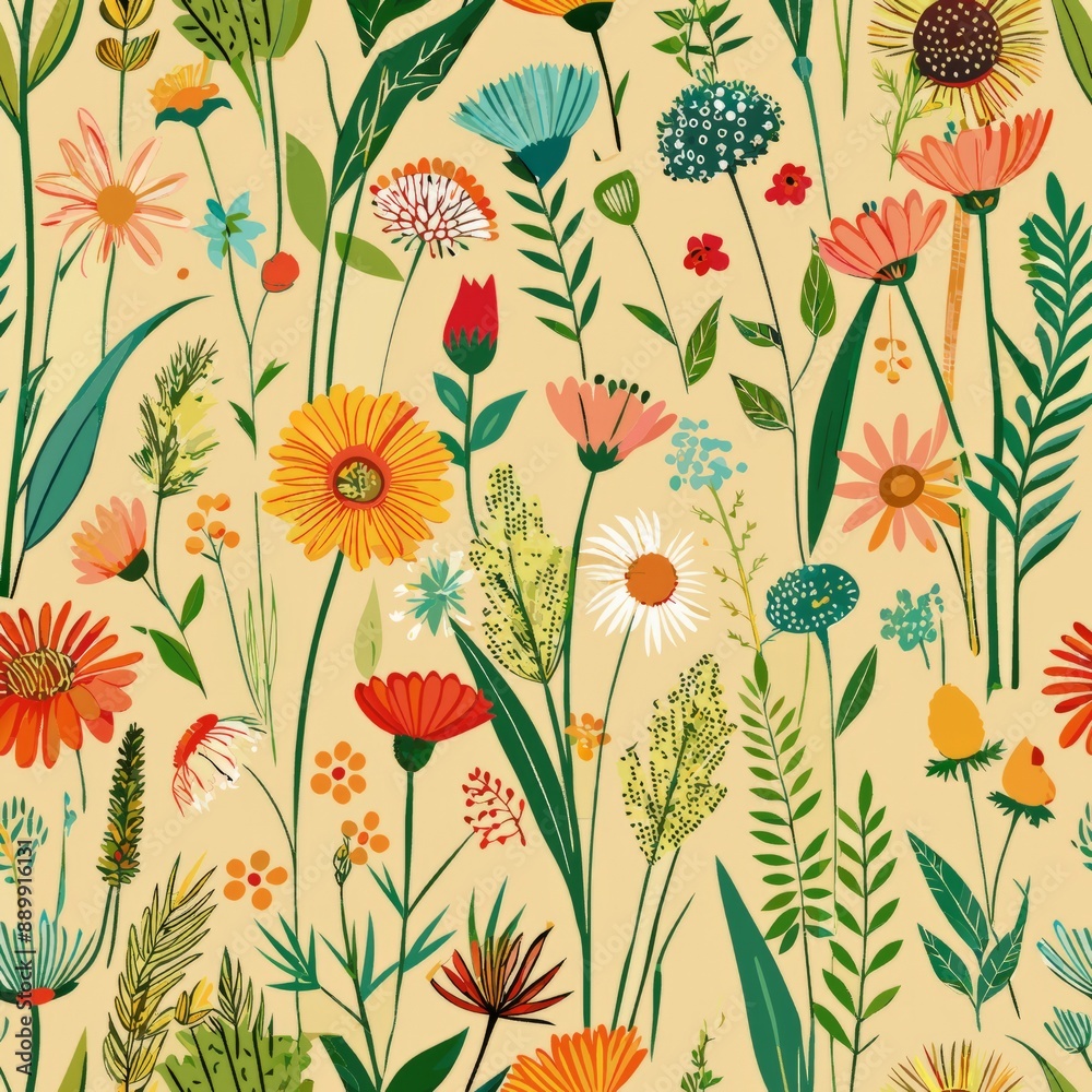 seamless pattern of meadow flowers and grasses, capturing the essence of a sunny countryside, Generative AI seamless pattern of meadow flowers and grasses, capturing the essence of a sunny countryside, Generative AI