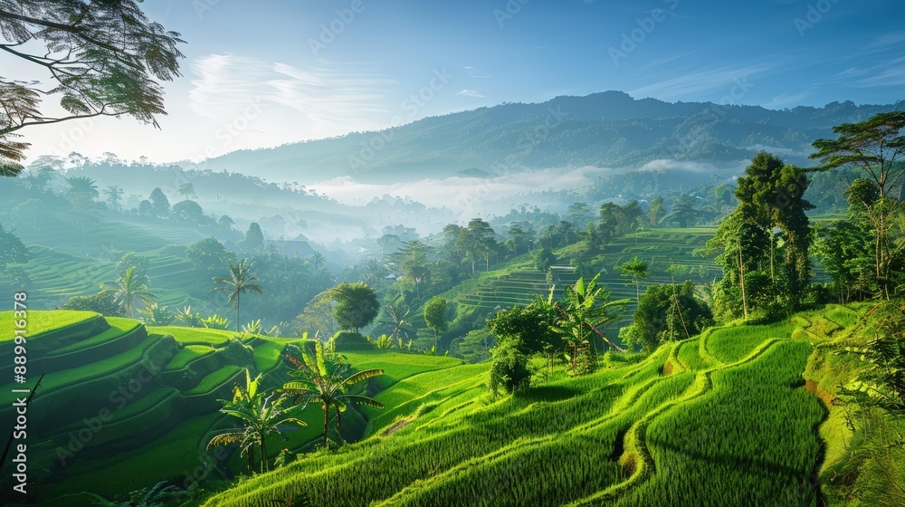 Fototapeta premium A lush green hillside with a misty fog rolling in from the mountains