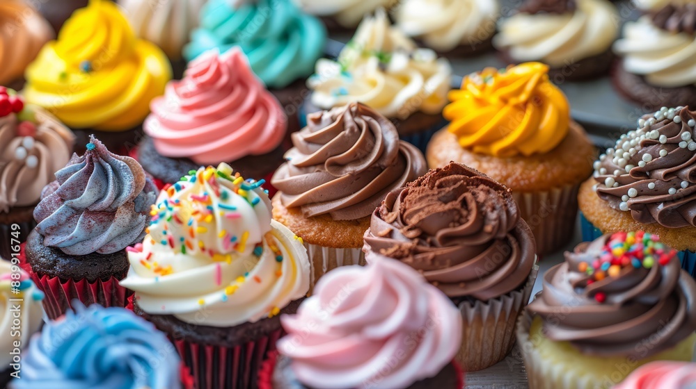 Delicious food. A variety of colorful cupcakes background. An assortment of delicious cupcakes arranged on a platter. Delicious food. A variety of colorful cupcakes background. An assortment of delicious cupcakes arranged on a platter.