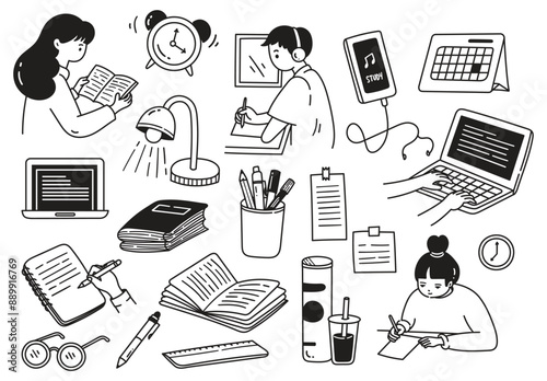 Study and Education Doodle Icons - Vector Illustration Set (Black and White)