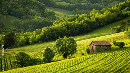 A small house sits in a lush green field photo