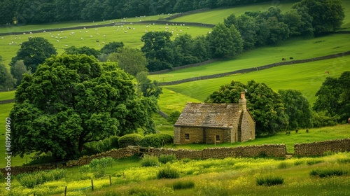 A small house sits in a lush green field photo