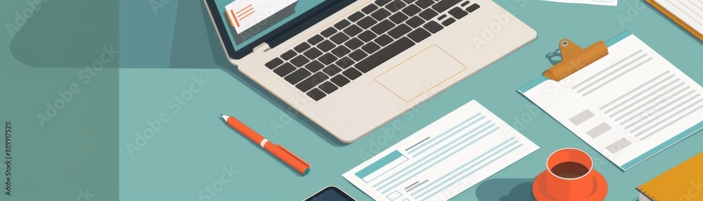 Modern Mortgage Application Process in Flat Design - Laptop and Paperwork Illustration Modern Mortgage Application Process in Flat Design - Laptop and Paperwork Illustration