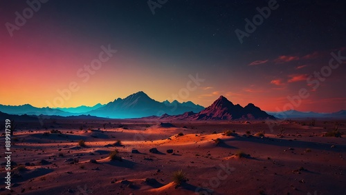 a desert landscape with mountains in the distance.