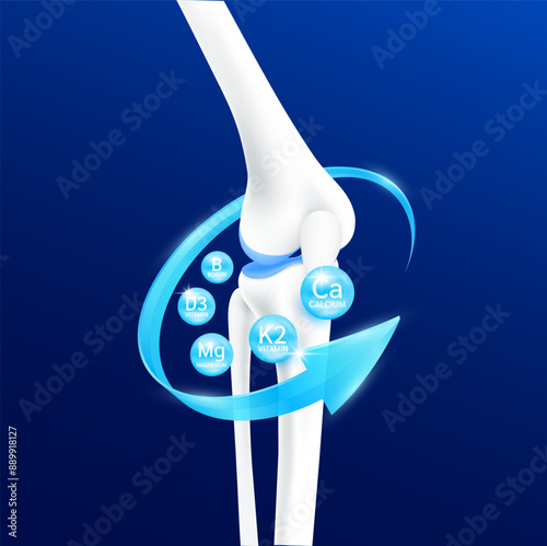 Bone knee joint cartilage surrounded by arrows Minerals Calcium Magnesium and Vitamin K2 D3. Healthy human skeleton anatomy isolated on blue background. Realistic 3D vector.