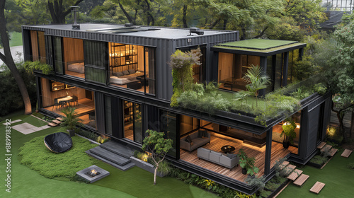 A modern two storey black container house with an open balcony terrace on the side, surrounded by green grass and trees. The first floor features wooden floors and outdoor furniture for relaxation.