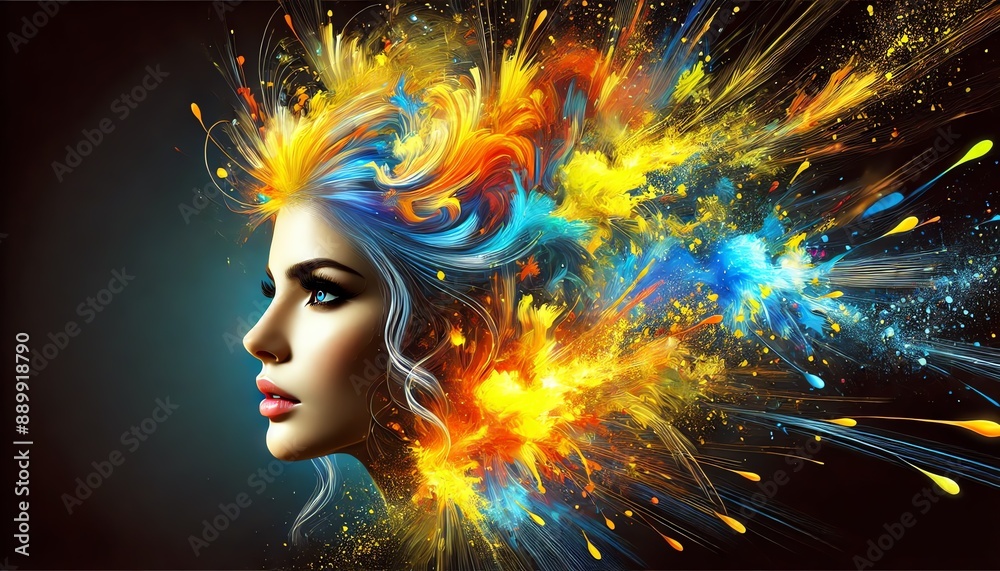 A vibrant and dynamic digital artwork featuring a beautiful woman's face with abstract paint splashes emanating from it A vibrant and dynamic digital artwork featuring a beautiful woman's face with abstract paint splashes emanating from it