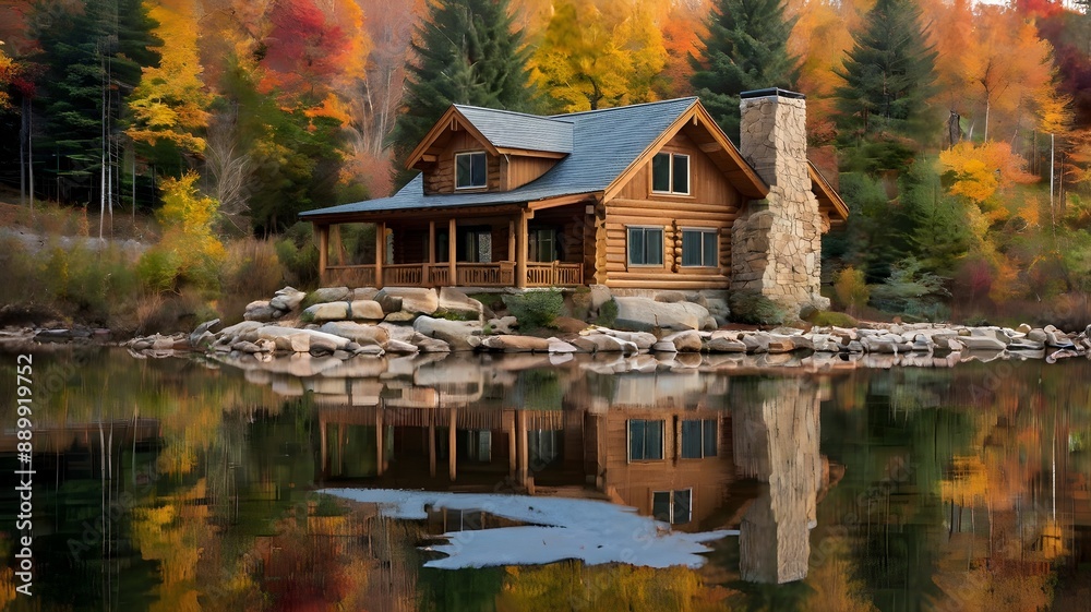 Log cabin by the lake in the woods water reflections Log cabin by the lake in the woods water reflections