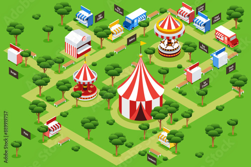 Isometric Amusement Park Carnival Fair Vector Illustration