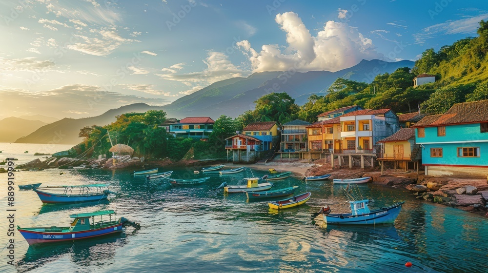 Naklejka premium A small town with a lot of boats in the water