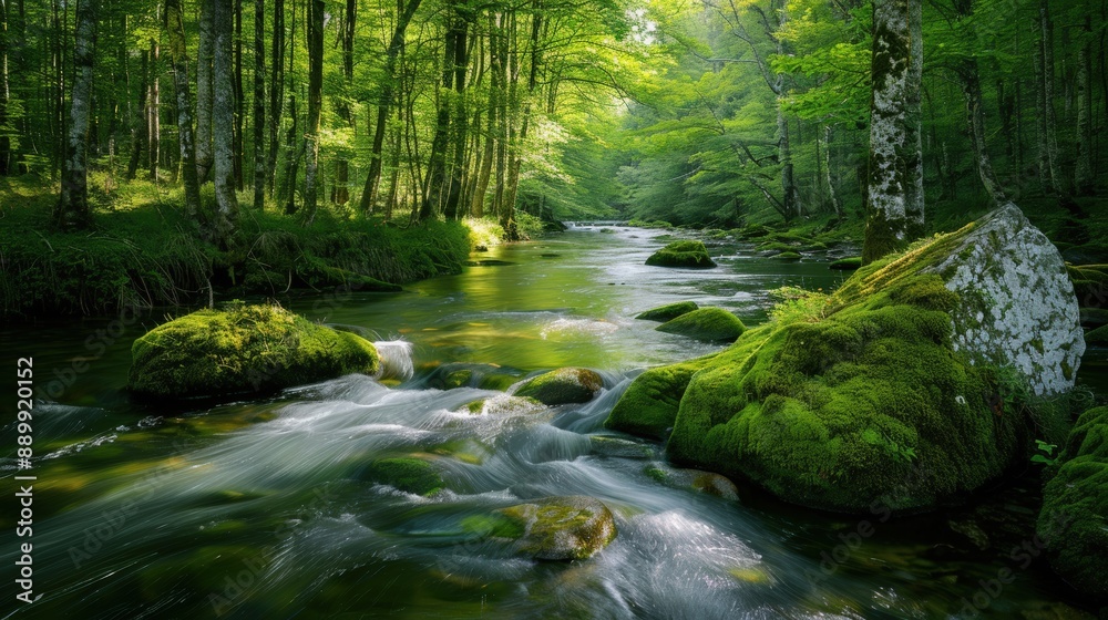 A stream of water flows through a forest with moss growing on the rocks A stream of water flows through a forest with moss growing on the rocks