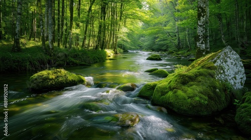 A stream of water flows through a forest with moss growing on the rocks