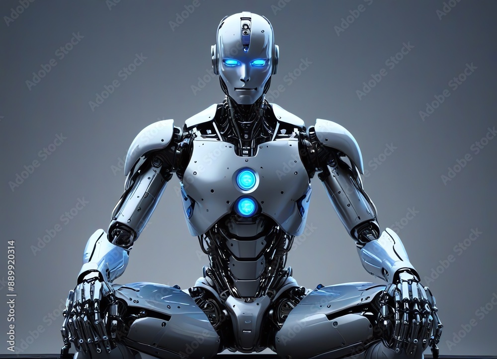 An illustration of a sitting humanoid robot in metallic design An illustration of a sitting humanoid robot in metallic design