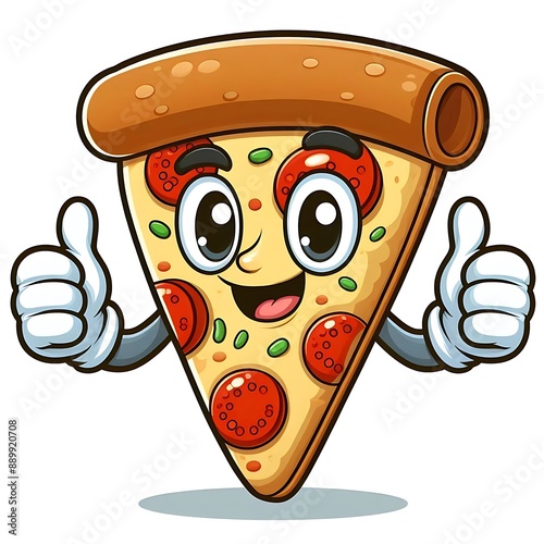 A cute pizza cartoon character mascot food illustration giving a thumbs up. isolated
