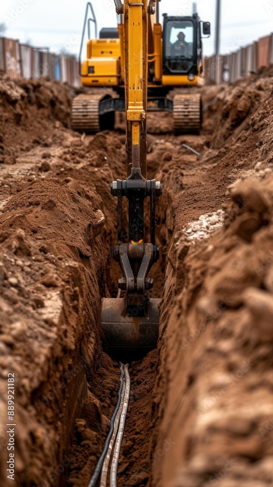 An excavator digging a trench for utility lines at a construction site