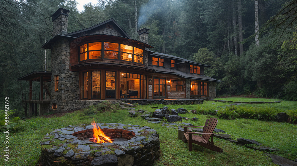 A rustic stone and wood cabin in the woods with an outdoor fire pit ...