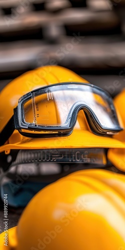 A close-up of construction helmets and safety goggles photo