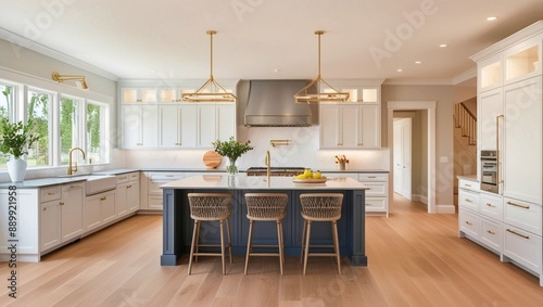 Wallpaper Mural Modern Kitchen Design: A spacious and elegant kitchen with white cabinets, a large island with blue barstools, and gold pendant lights. The natural light streaming through the windows adds a warm and  Torontodigital.ca