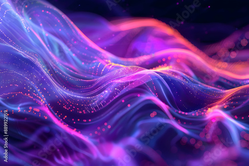 Abstract 3D Background with Wavy Lines and Glowing Particles
