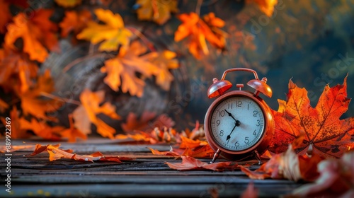 Daylight Saving Time. Alarm clock and orange color leaves on wooden table. Autumn time. Fall time change. Autumn leaves fall and winter approaches, the concept of daylight saving time.  photo