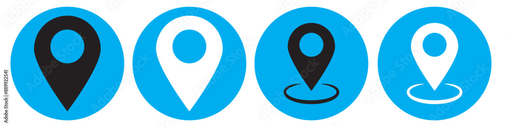Blue, black and white map pin location icon set. Blue, black and white map pin location icon set.