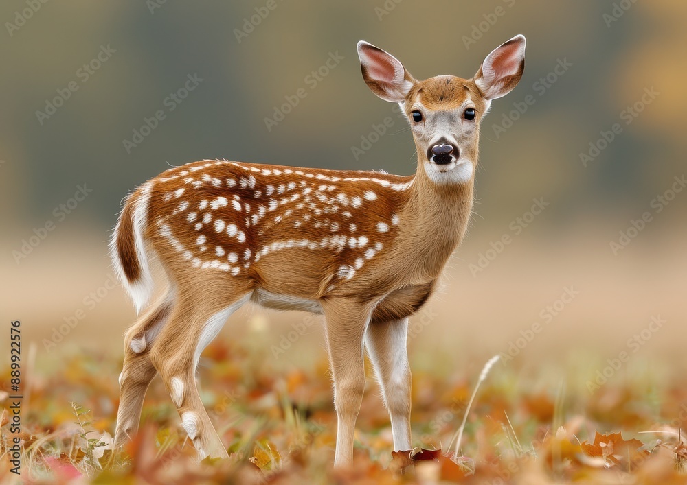 Adorable White-Tailed Deer Fawn Standing in an Autumn Forest Scene with Colorful Leaves and Soft Background Focus in Wildlife Habitat Adorable White-Tailed Deer Fawn Standing in an Autumn Forest Scene with Colorful Leaves and Soft Background Focus in Wildlife Habitat