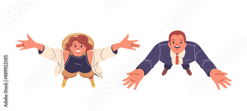 Two Cheerful Individuals, A Man And A Woman, Looking Upwards With Open Arms. Characters Appear Delighted