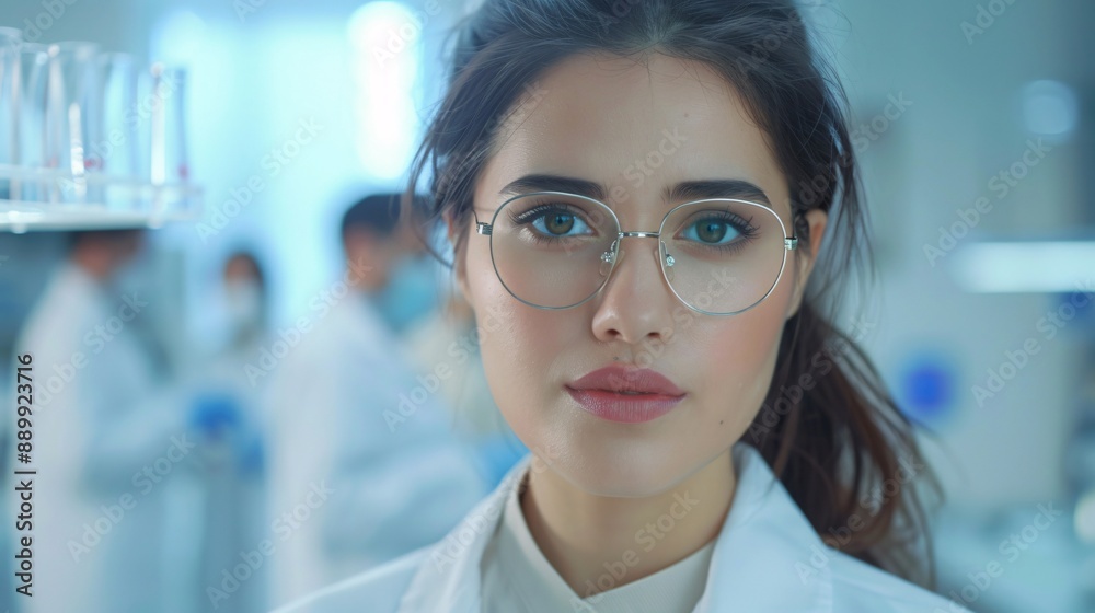 Portrait of a young female doctor in front of medical team. Portrait of a young female doctor in front of medical team.