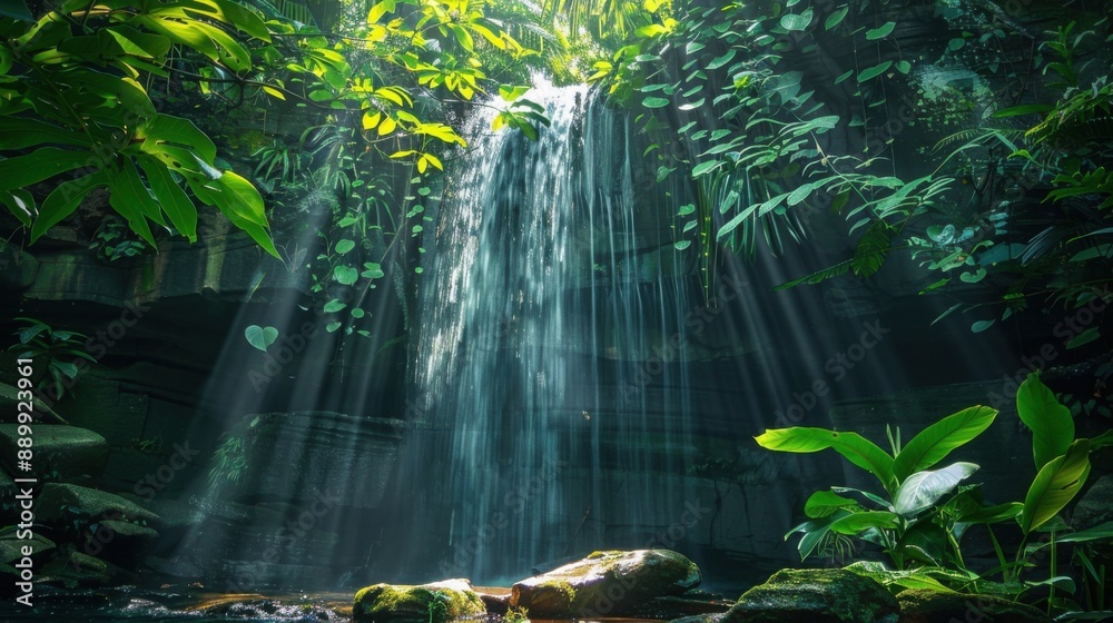 Fototapeta premium Tropical waterfall oasis with dappled sunlight through leaves, adventure photography, with copy space