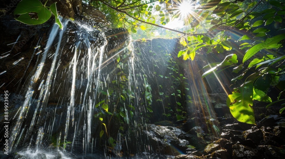 Obraz premium Tropical waterfall oasis with dappled sunlight through leaves, adventure photography, with copy space