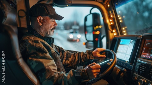 Truck driver checking digital logbook with warm cabin lighting, with copy space