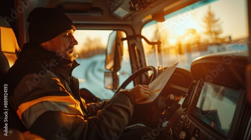 Truck driver checking digital logbook with warm cabin lighting, with copy space