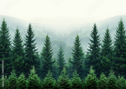 Lush Green Pine Forest with Misty Mountain Background and Foggy Atmosphere Perfect for Nature Enthusiasts and Wallpaper Lovers