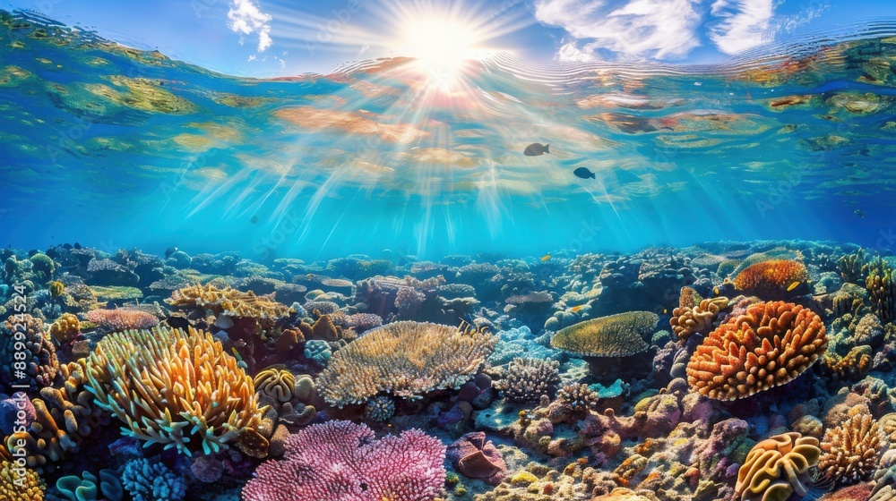 Fototapeta premium Vibrant coral reef snorkeling, underwater photography, with copy space