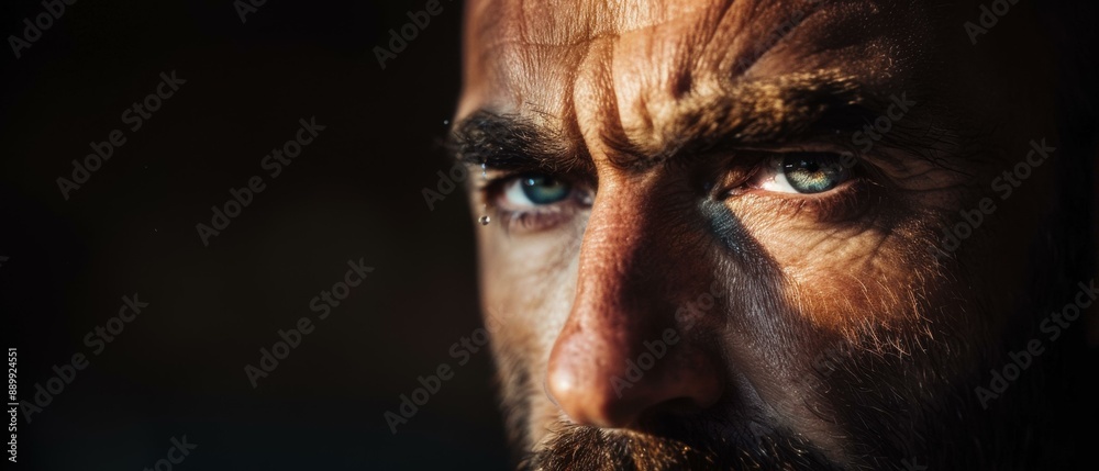 Close-up of a man's face with a beard and intense expression. AI.