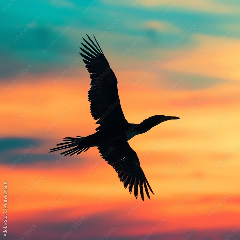 Fototapeta premium full body bird gliding against sunset sky, vibrant hues, close up, focus on, copy space, Double exposure silhouette with horizon