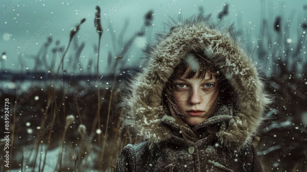 A young girl wearing a fur-lined hood stands in a snowy field, her expression sad and somber. A young girl wearing a fur-lined hood stands in a snowy field, her expression sad and somber.