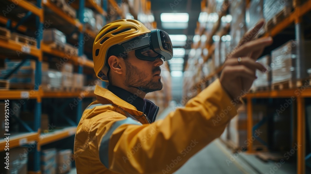 Warehouse worker using augmented reality glasses, with copy space