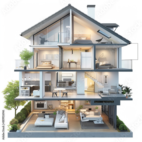 Modern home cross section, 3d rendering