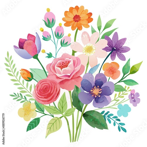 Whimsical watercolor depiction of grouping of colorful flowers against pure white background, evoking sense of collecting and preserving the preciousness of the natural world