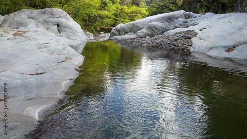 Aerial shot flying a River. river in the mountain, rocks and water, little waterfalls
