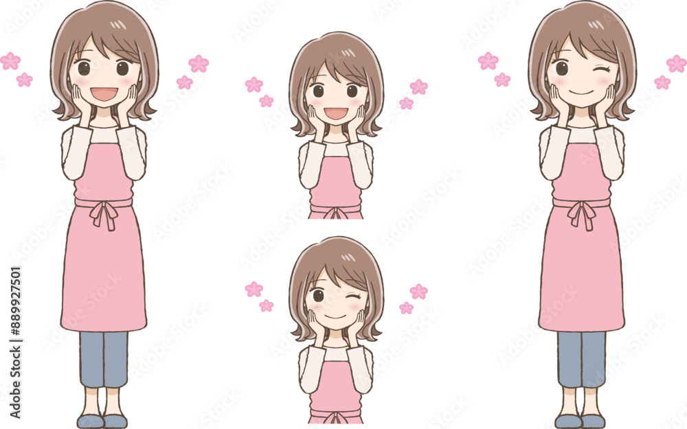 Woman Wearing a Pink Apron, Smiling with Her Hand on Her Cheek Woman Wearing a Pink Apron, Smiling with Her Hand on Her Cheek