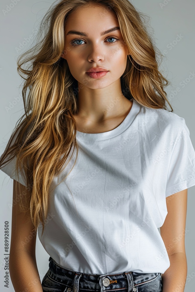 White tshirt mockup on woman model created with Generative AI White tshirt mockup on woman model created with Generative AI